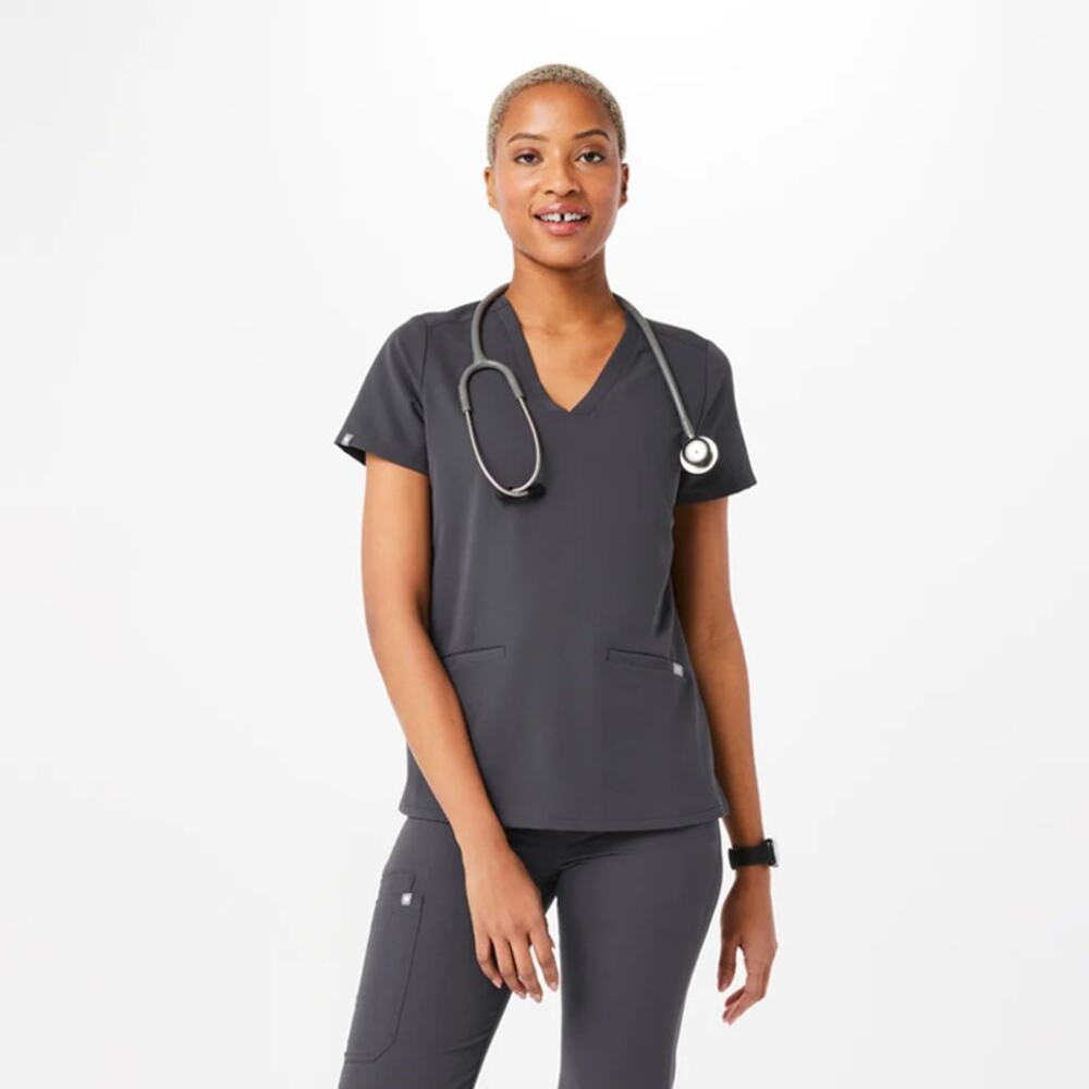 Figs Casma Three-Pocket V-Neck Short Sleeve Classic Scrub Top Charcoal Gray S